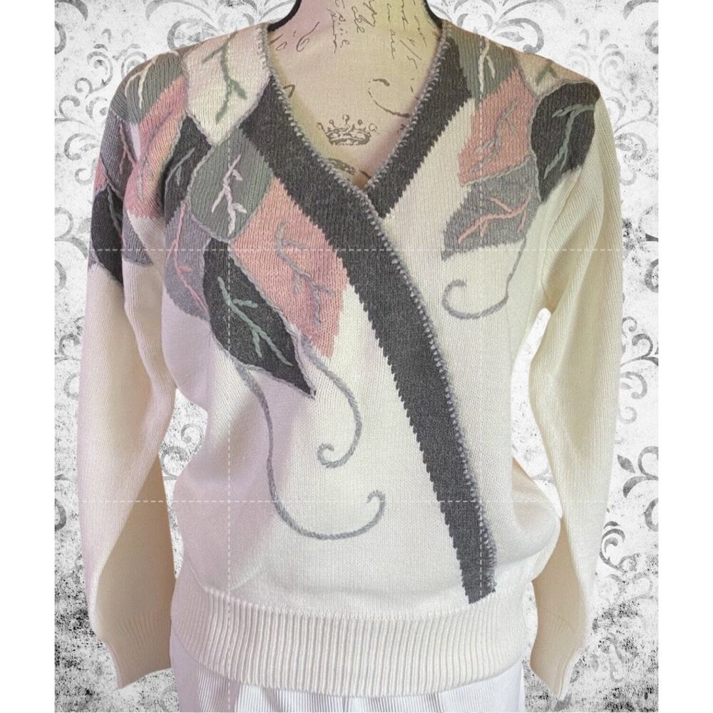 Vintage Dana Scott Fall Collection Womens L Ivory Abstract Leaf Appliqué Sweater